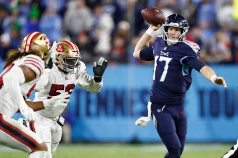 Tennessee Titans quarterback Ryan Tannehill (17) passes against the San Francisco 49ers in the ...