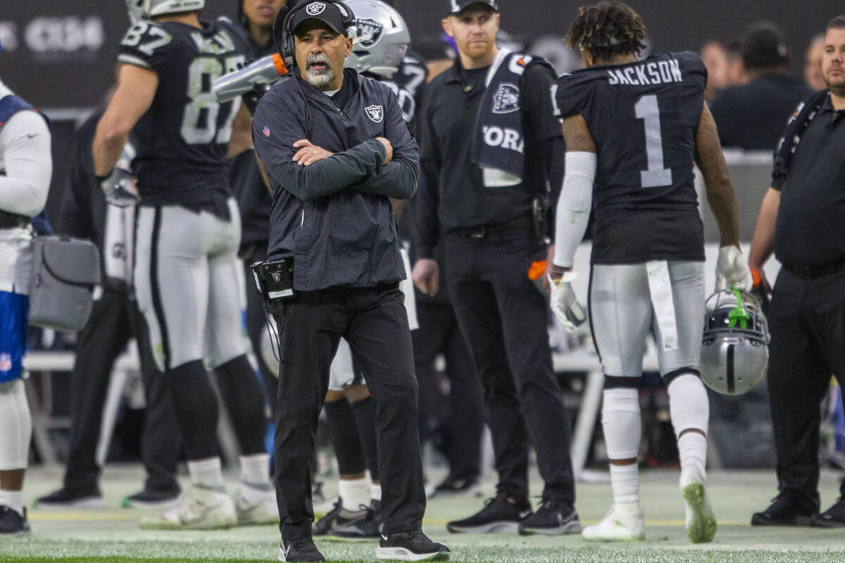 Raiders interim head coach Rich Bisaccia instructs the team from the sideline during the first ...