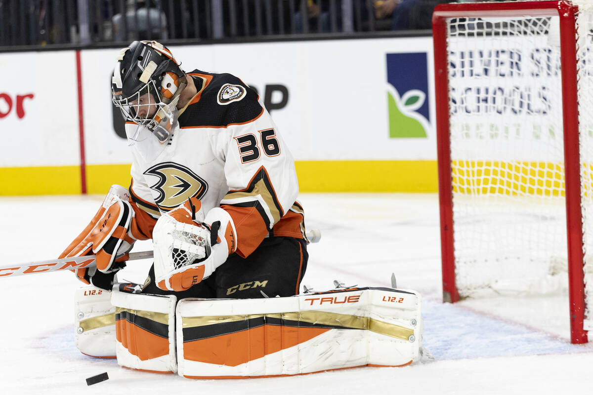 Ducks goaltender John Gibson (36) saves a shot on goal by the Golden Knights during the third p ...