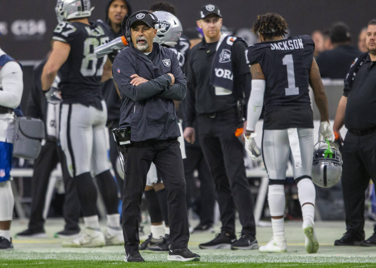 Raiders interim head coach Rich Bisaccia instructs the team from the sideline during the first ...