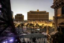 The Bellagio with the fountains on the Las Vegas Strip, seen from the Chateau Rooftop at Paris ...