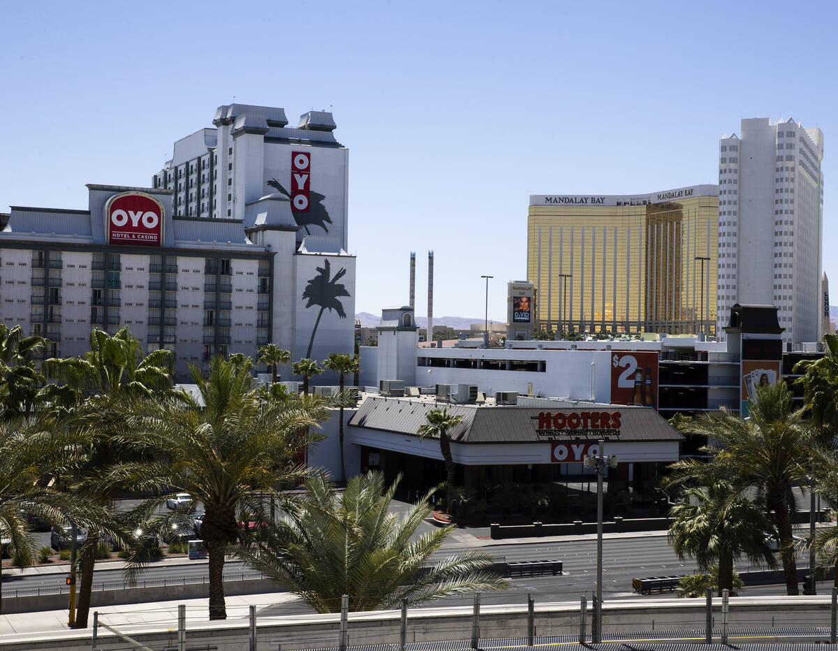 OYO hotel and casino, left, Tropicana, right, and Mandalay Bay, center, photographed on Tuesday ...
