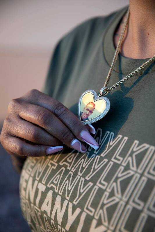 Cristina Perkins, mother of Giovanni Perkins, wears a shirt that reads #fentanylkills and a nec ...