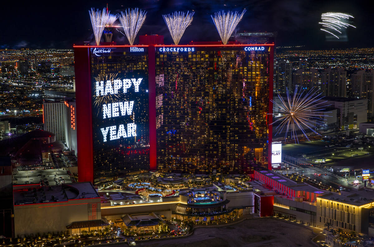 Fireworks explode over the Strip during New Year’s Eve celebrations on Saturday, Jan. 1, ...