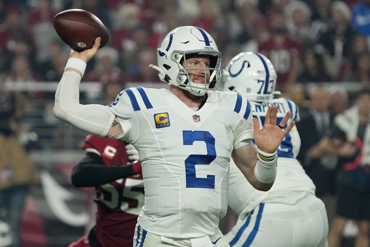 Indianapolis Colts quarterback Carson Wentz (2) throws against the Arizona Cardinals during the ...