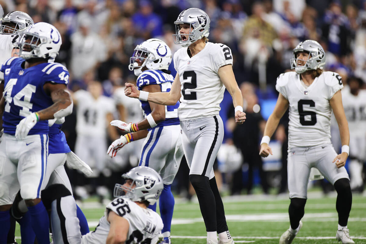 Raiders kicker Daniel Carlson (2) reacts after kicking a game winning field goal against the In ...