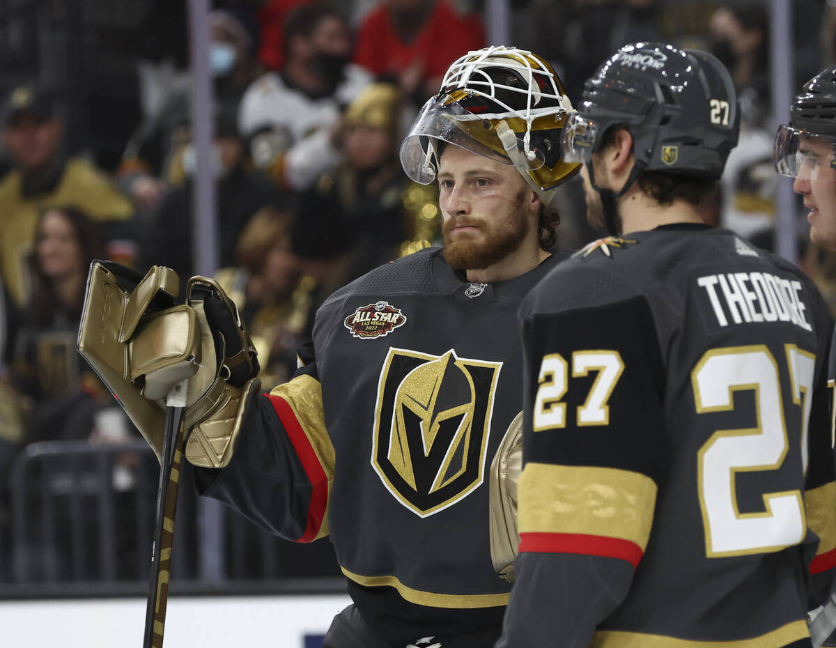 Golden Knights goaltender Laurent Brossoit (39) looks on during the second period of an NHL hoc ...