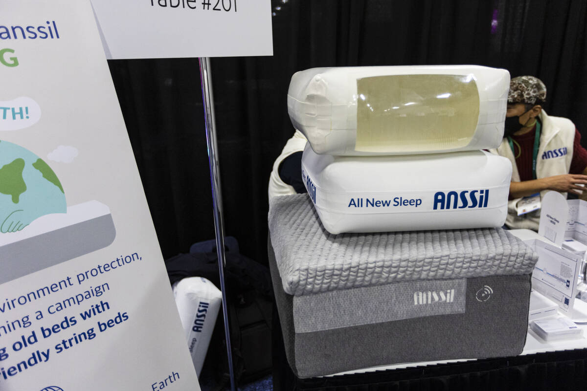 Part of the ANSSil smart string mattress is seen during the CES Unveiled event at the Mandalay ...