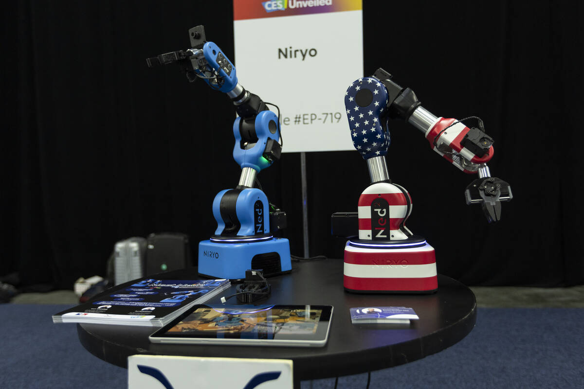 Ned, a robot designed for educational and training purposes, is seen at the Niryo booth at the ...