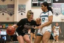 Faith Lutheran HighÕs Raina Forgue (23) dribbles against Silverado HighÕs Christina S ...