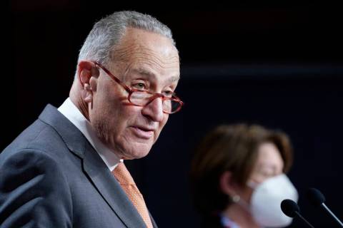 Senate Majority Leader Chuck Schumer of N.Y., speaks during a news conference on Capitol Hill i ...