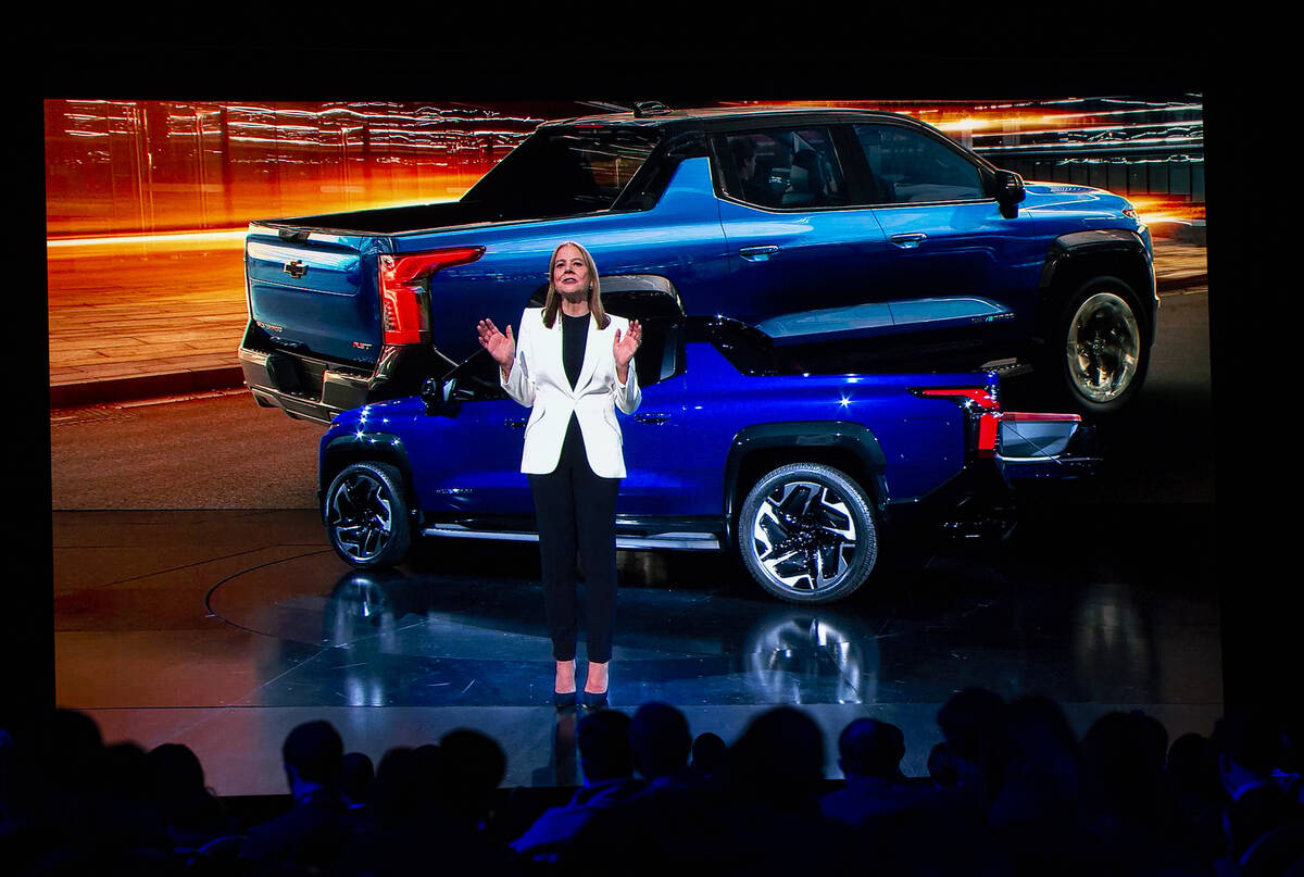 Mary Barra, chair and CEO of General Motors, debuts the 2024 Chevrolet Silverado EV during a ke ...
