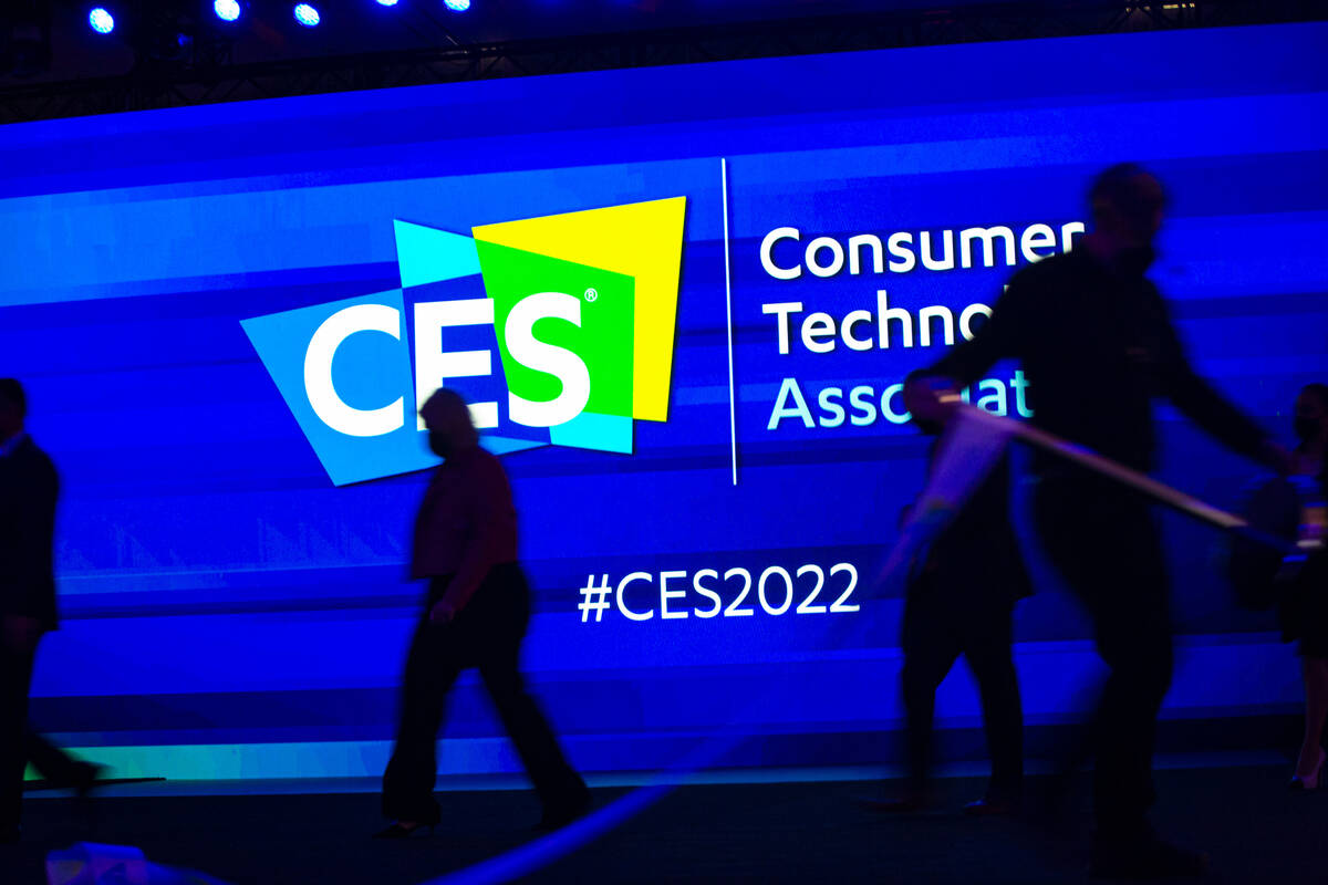 The stage is set for a keynote session at CES at The Venetian Expo on Wednesday, Jan. 5, 2022, ...