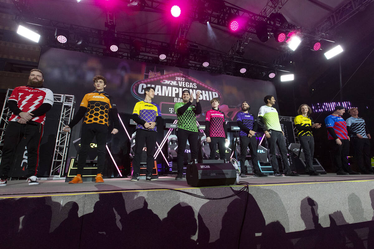 Competing drone pilots are introduced to the audience during the Drone Racing League Championsh ...