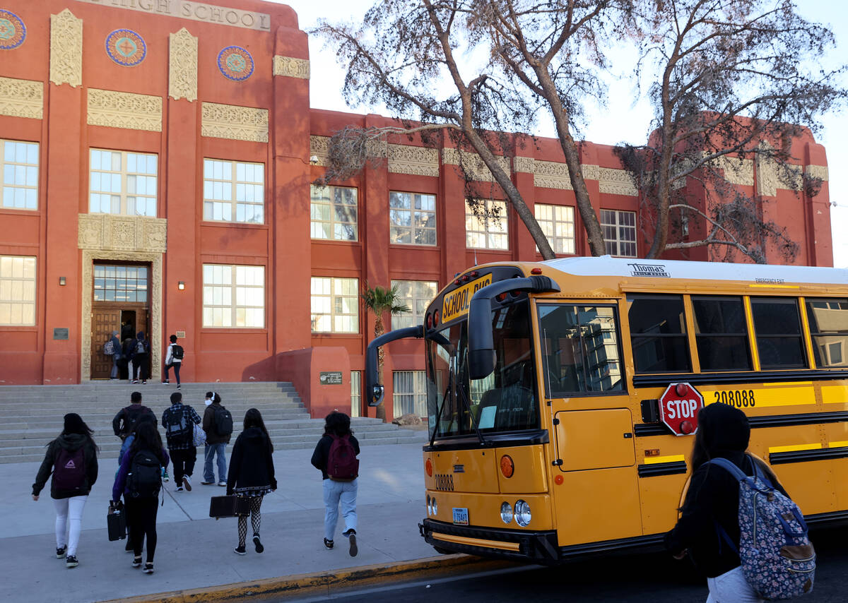 Students arrive at Las Vegas Academy on the first day of school after winter break Wednesday, J ...