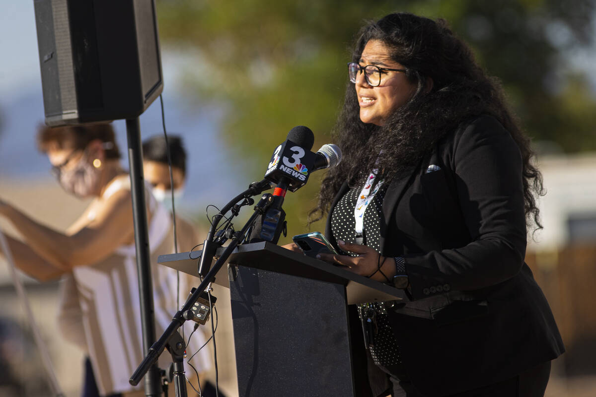 Clark County School Board of Trustees member Irene Cepeda speaks during the groundbreaking cere ...