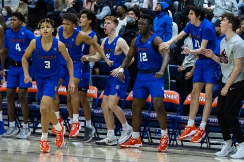 Bishop Gorman players celebrate their win in double overtime against Liberty High during Platin ...