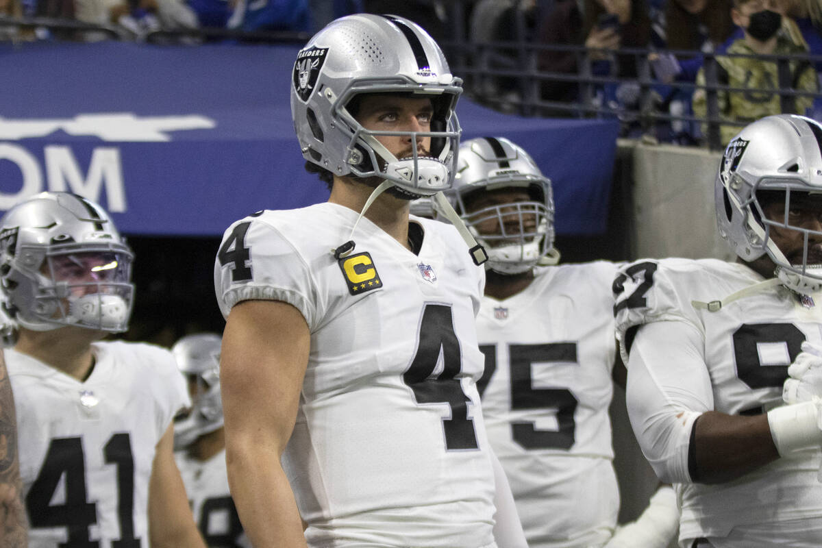 Raiders quarterback Derek Carr (4) waits to take the field before an NFL football game against ...