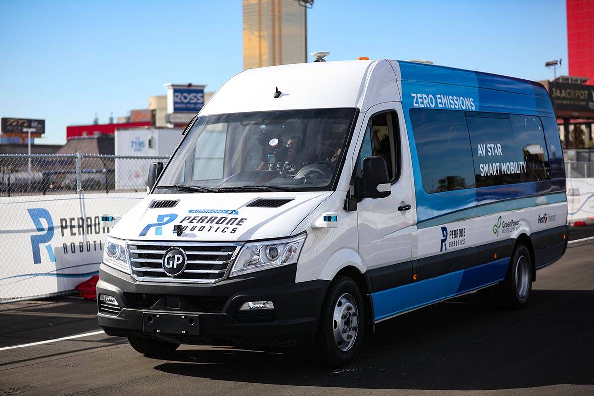 The self-driving bus by Perrone Robotics during a demo at CES at the Las Vegas Convention Cente ...