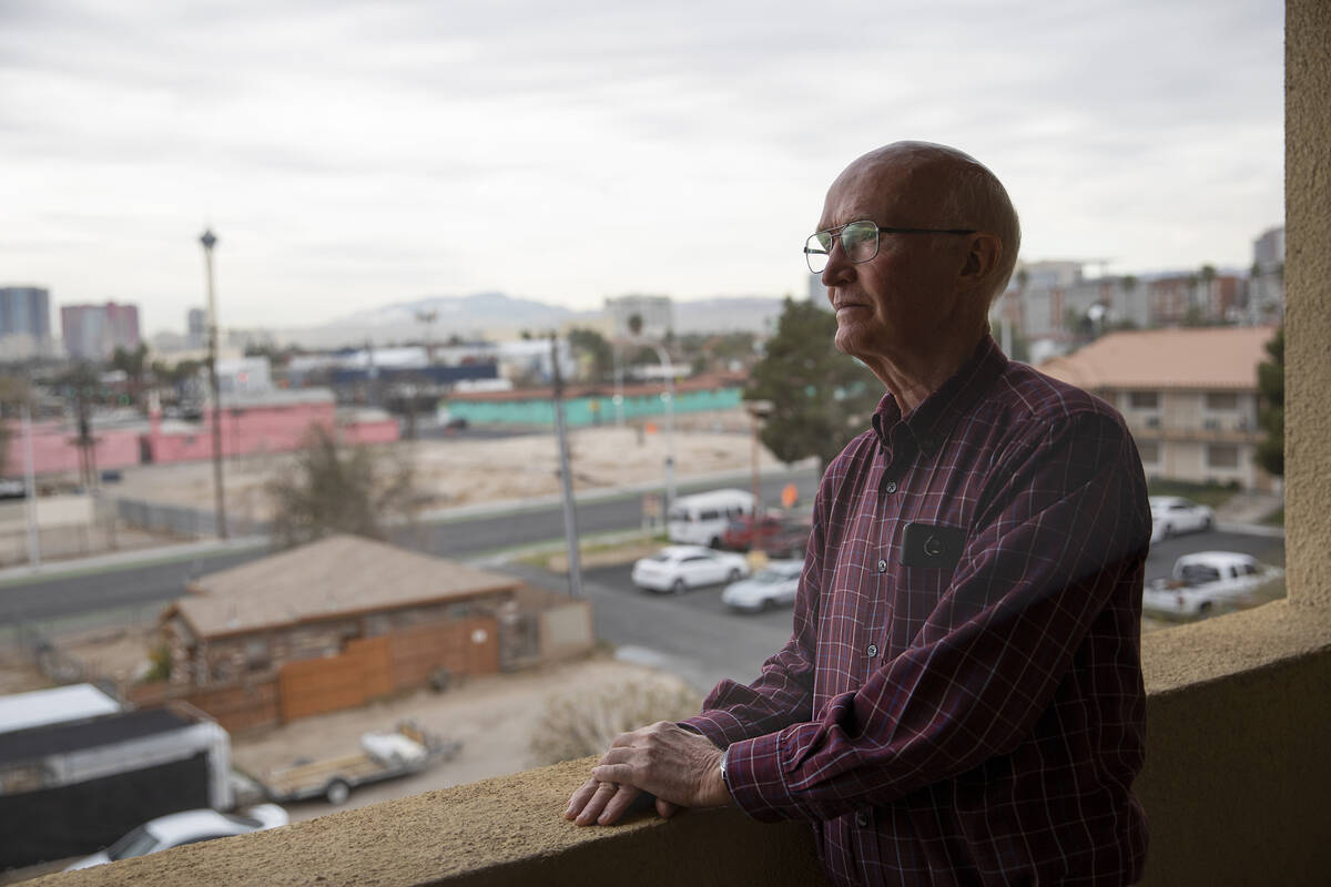 Robert Strom, 70, a former resident of Desert Plaza Apartments, on the porch of his new apartme ...