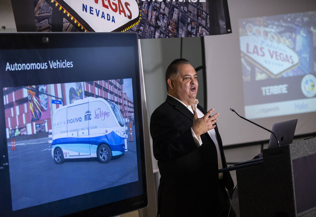 Michael Sherwod, chief innovation officer at the City of Las Vegas, speaks during a showcase of ...