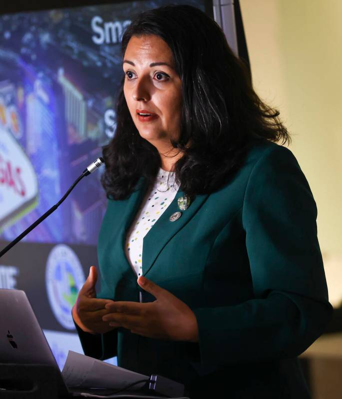 Councilwoman Olivia Diaz speaks during a showcase of the Las Vegas Smart City Project on Tuesda ...