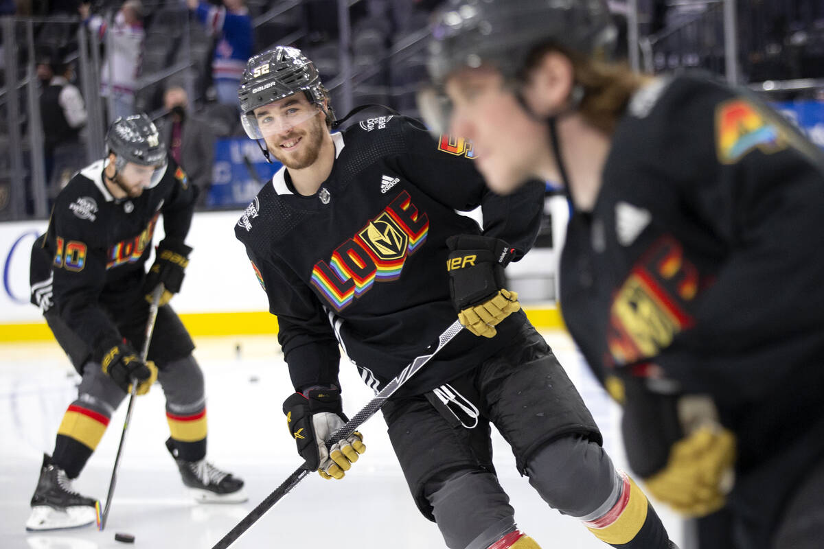 Golden Knights center Nicolas Roy (10), defenseman Dylan Coghlan (52) and center Nolan Patrick ...
