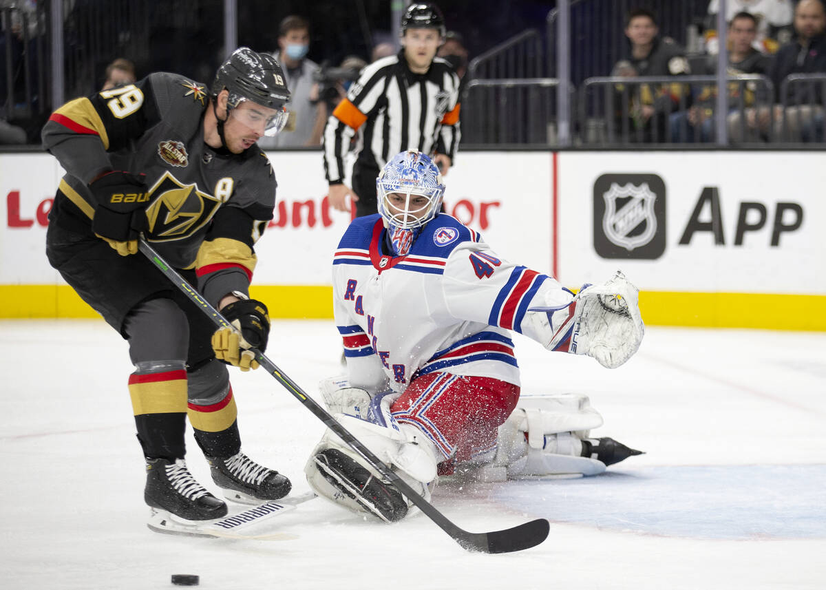 Rangers goaltender Alexandar Georgiev (40) saves a shot by Golden Knights right wing Reilly Smi ...