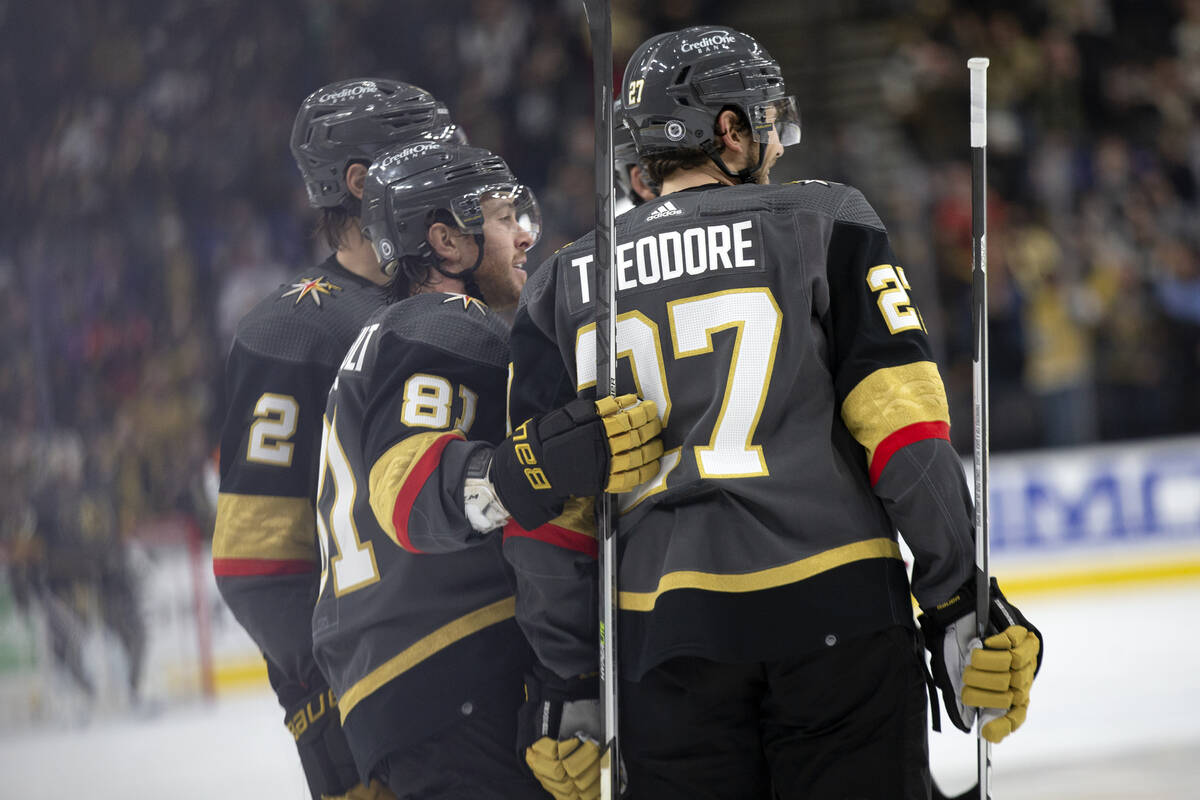 Golden Knights defenseman Zach Whitecloud (2), center Jonathan Marchessault (81) and defenseman ...
