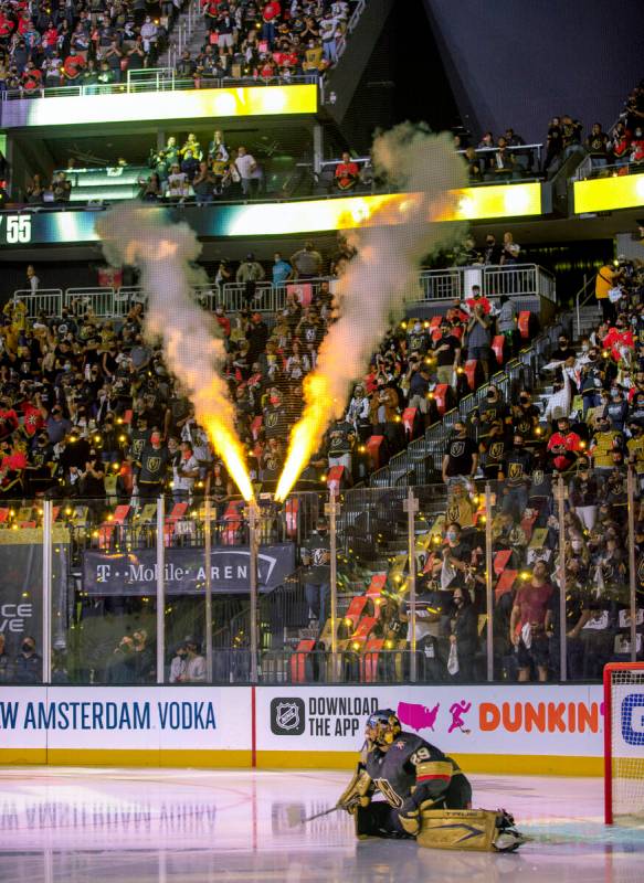 Golden Knights goaltender Marc-Andre Fleury (29) and other starters are announced versus the Mi ...