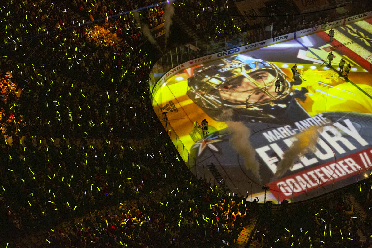 The starting lineup, including Golden Knights goaltender Marc-Andre Fleury (29), is announced b ...