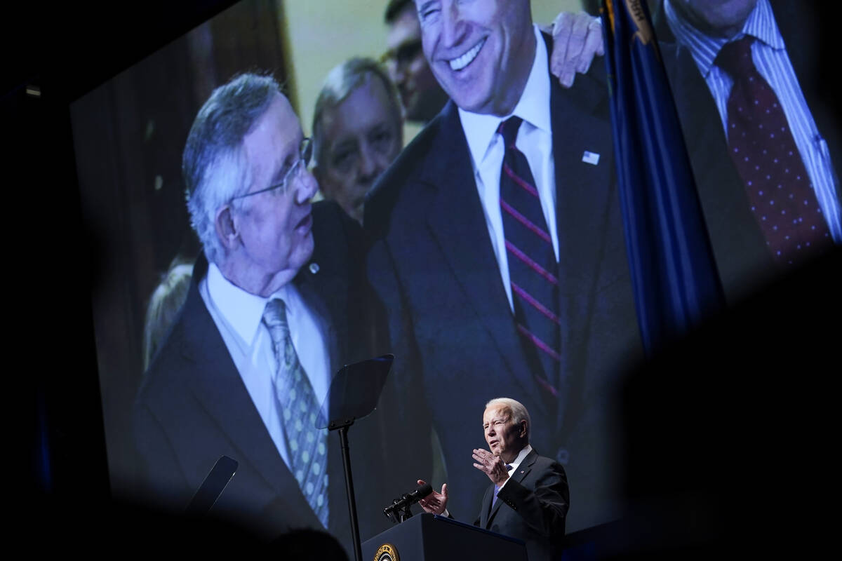 President Joe Biden speaks during a memorial service for former Senate Majority Leader Harry Re ...