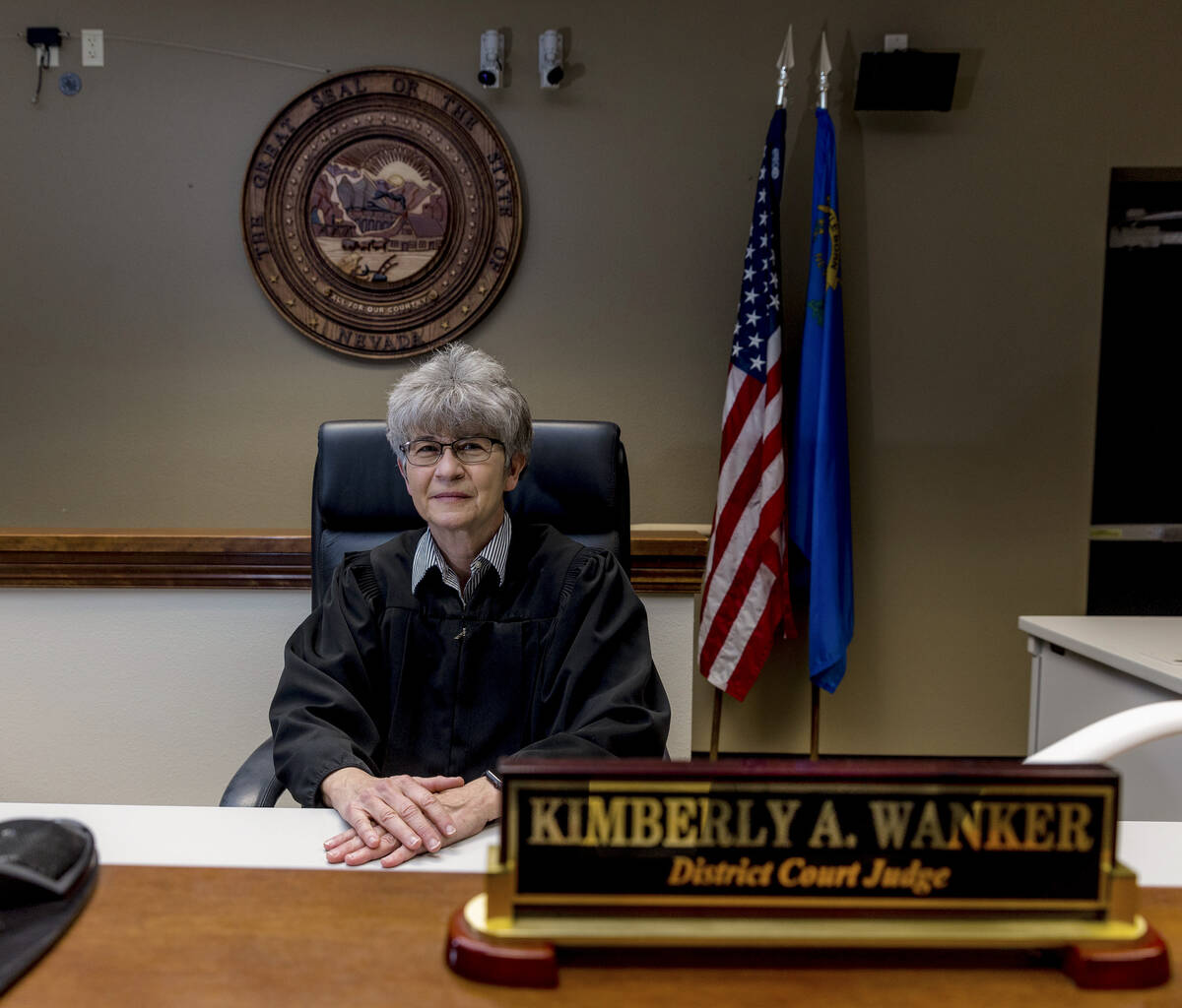 Nye County District Judge Kim Wanker in her courtroom at the Gerald ‘Bear’ Smith Courthouse ...