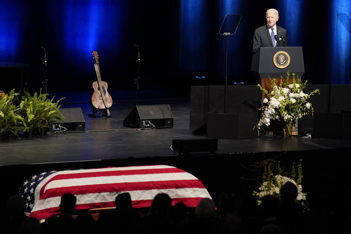 President Joe Biden speaks during a memorial service for former Senate Majority Leader Harry Re ...