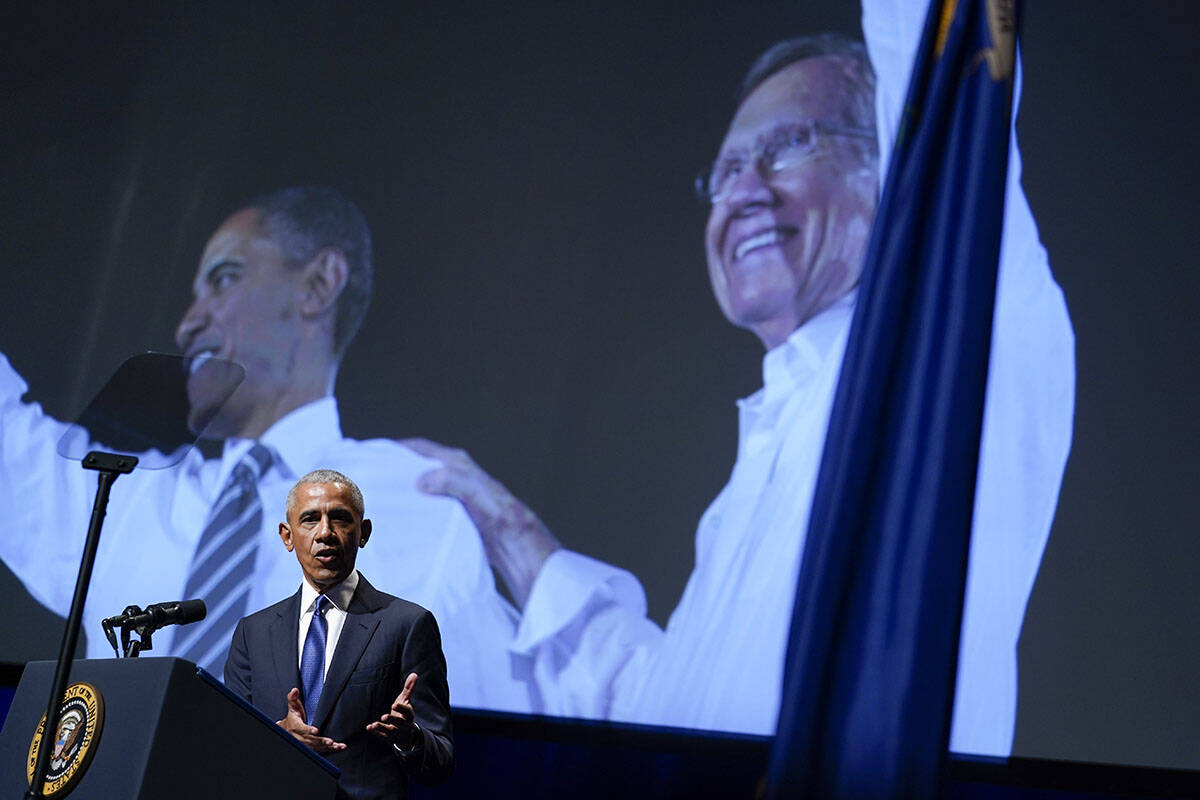 Former President Barack Obama speaks during a memorial service for former Senate Majority Leade ...