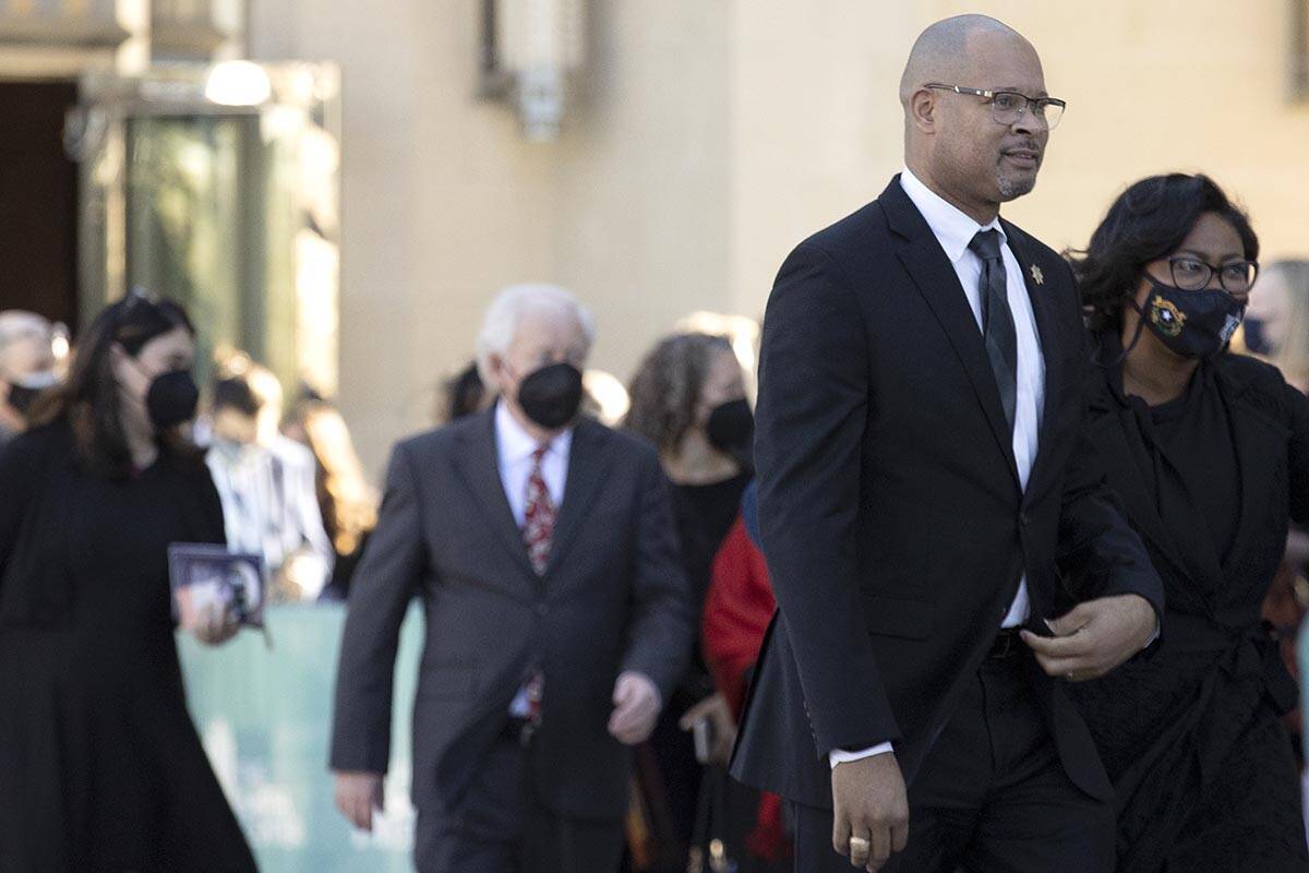 Nevada Attorney General Aaron Ford exits the memorial service for former U.S. Sen. Harry Reid a ...