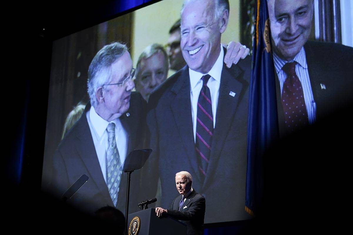 President Joe Biden speaks during a memorial service for former Senate Majority Leader Harry Re ...
