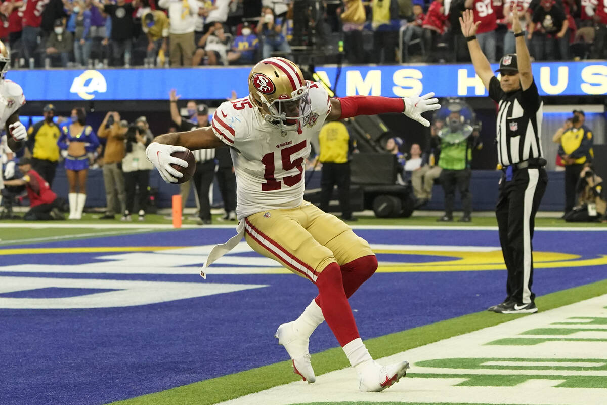 San Francisco 49ers wide receiver Jauan Jennings (15) cdelebrates after running into the end zo ...