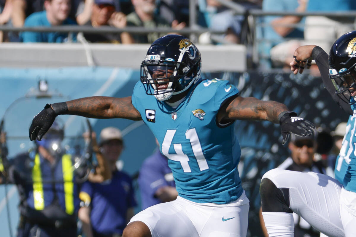 Jacksonville Jaguars outside linebacker Josh Allen (41) celebrates after sacking Indianapolis C ...