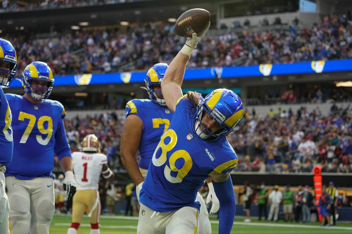 Los Angeles Rams tight end Tyler Higbee (89) reacts after catching