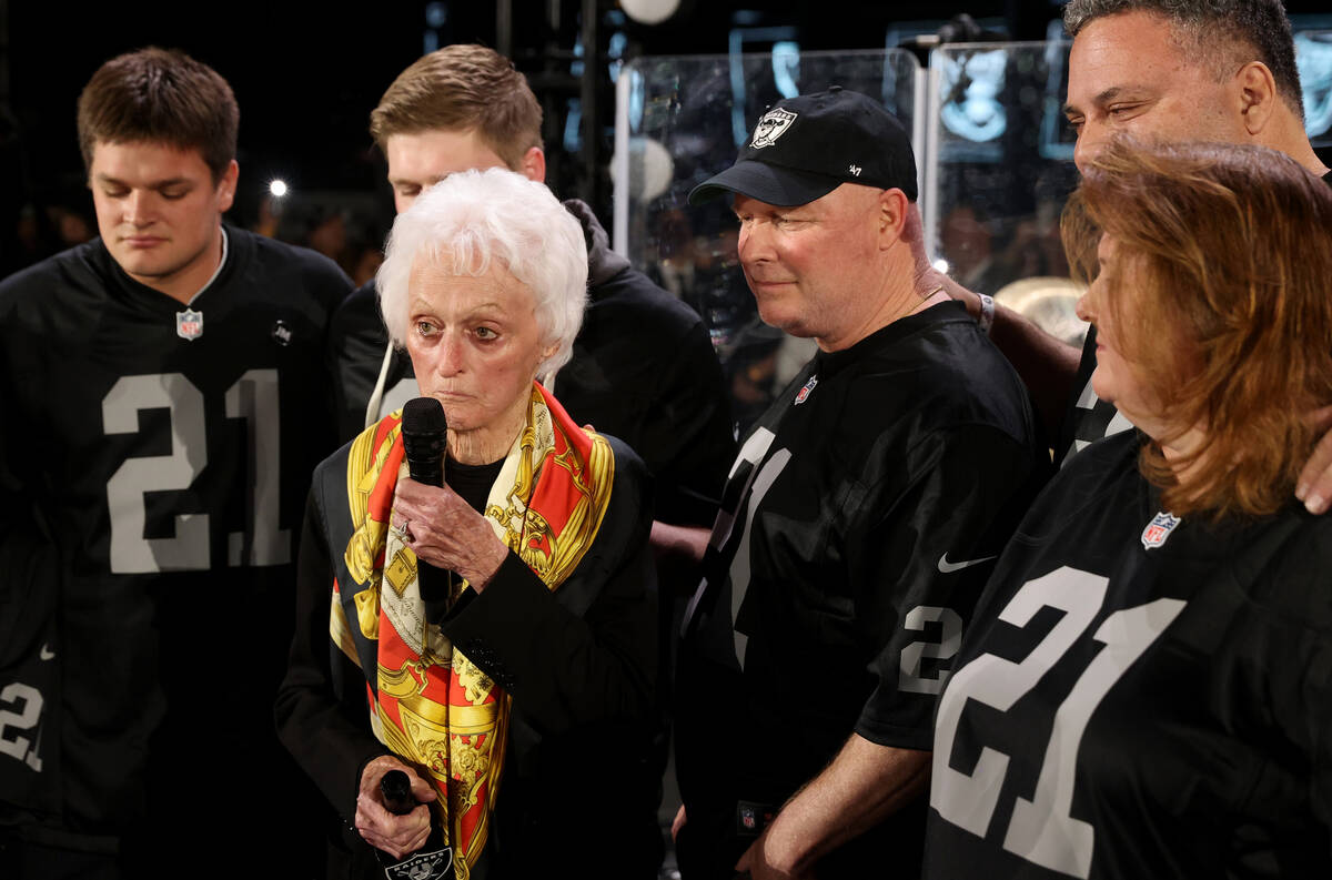 Virginia Maden, wife of legendary coach John Madden, speaks to the crowd before lighting the Al ...