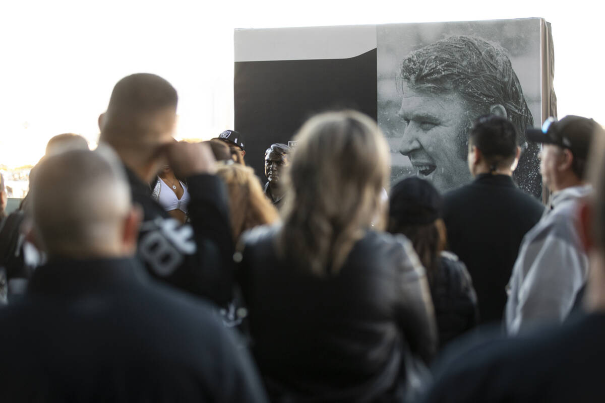 A John Madden tribute wall is displayed outside of Allegiant Stadium in Las Vegas before the st ...
