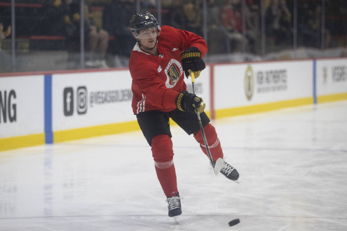 Golden Knights center Jack Eichel during a team practice at City National Arena in Las Vegas, T ...
