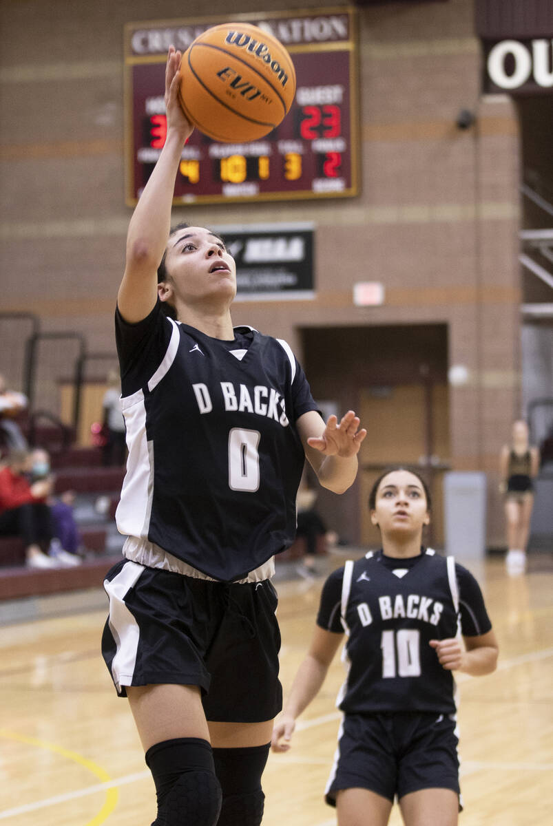 Desert Oasis’ Olivia Bigger (0) drives to the rim successful  the 2nd  fractional  during a girls precocious   ...