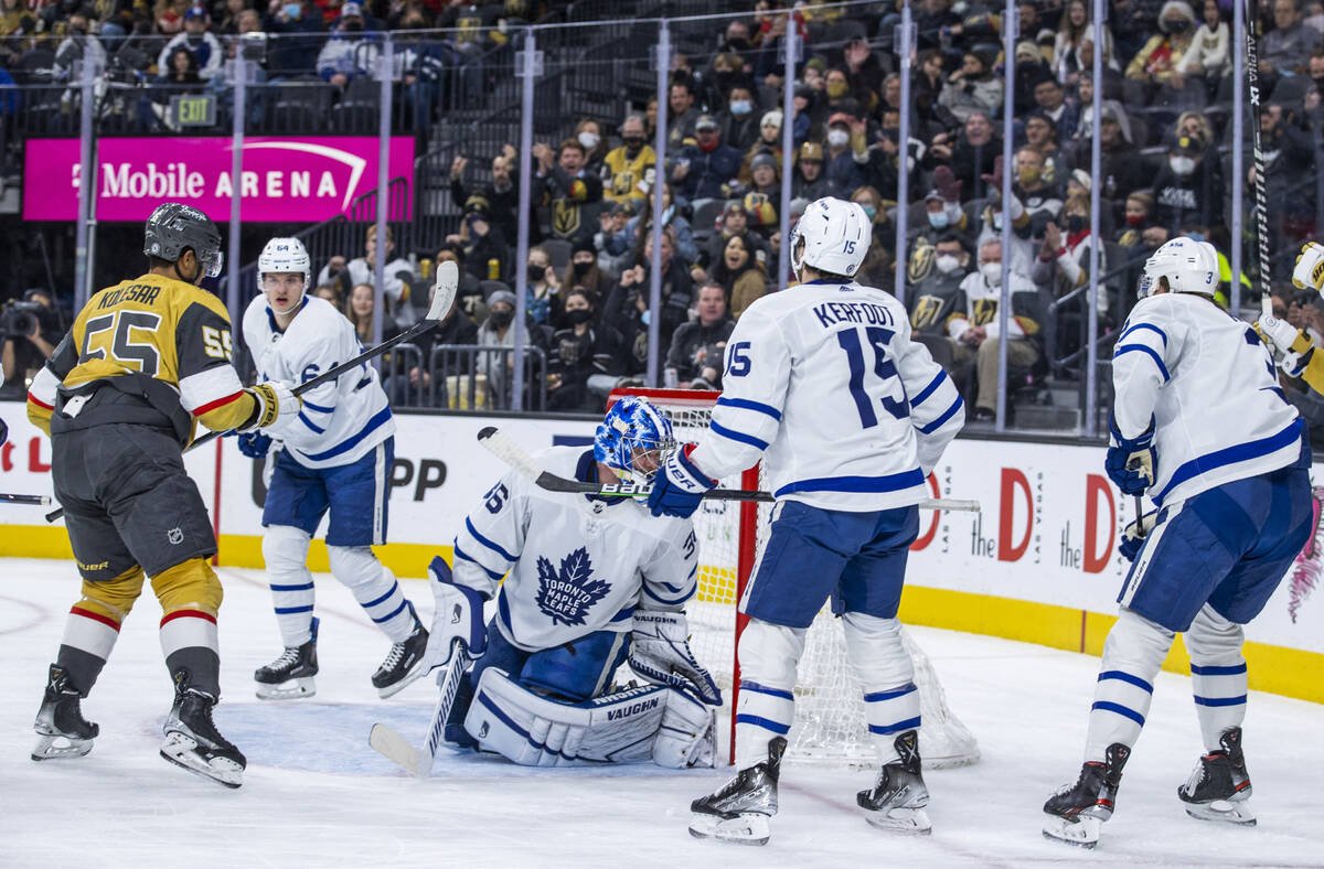 Golden Knights right wing Keegan Kolesar (55) scores past Toronto Maple Leafs goaltender Jack C ...