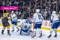 Golden Knights right wing Keegan Kolesar (55) scores past Toronto Maple Leafs goaltender Jack C ...