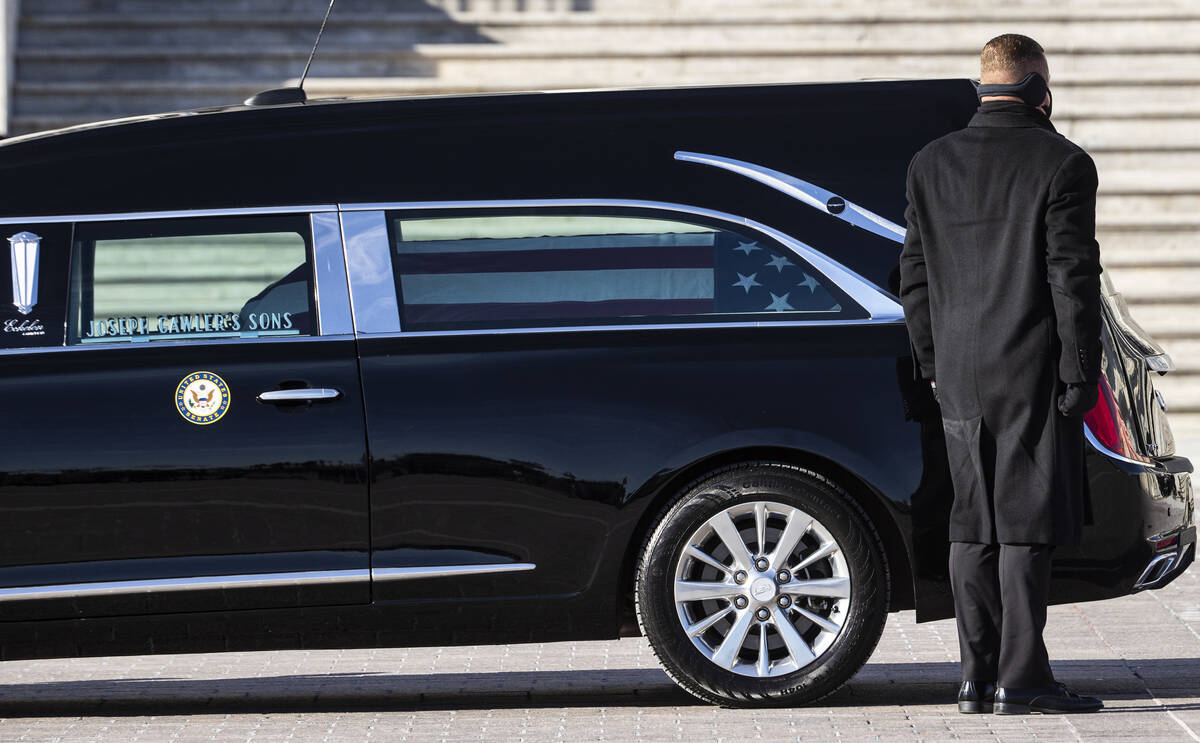 A hearse carrying the flag-draped casket of former U.S. Sen. Harry Reid arrives at the U.S. Cap ...