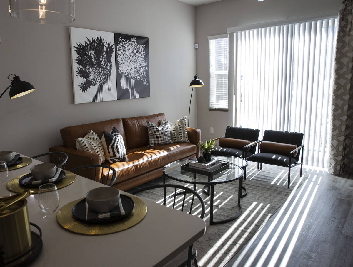 The living room inside a one-bedroom apartment at Jade, a luxury apartment complex that recentl ...