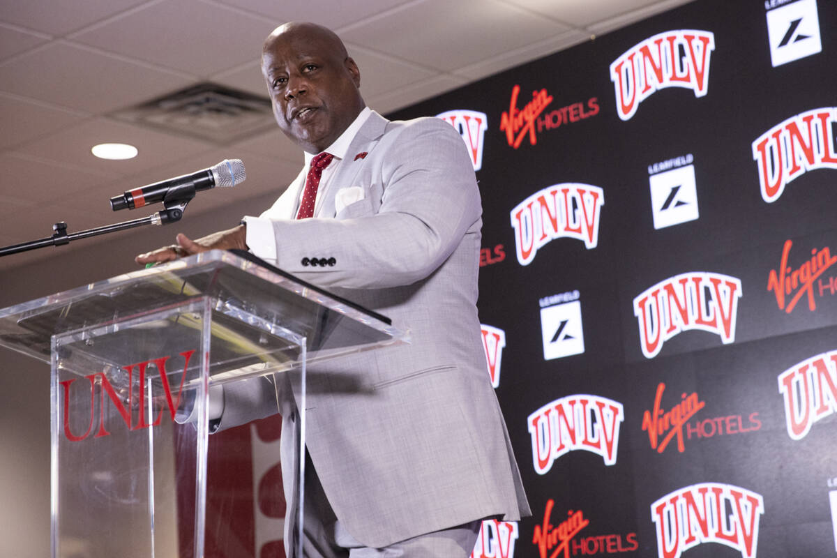 Erick Harper gives a speech during a press conference announcing him as the new UNLV director o ...