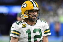 Green Bay Packers quarterback Aaron Rodgers is seen during pregame of an NFL football game agai ...